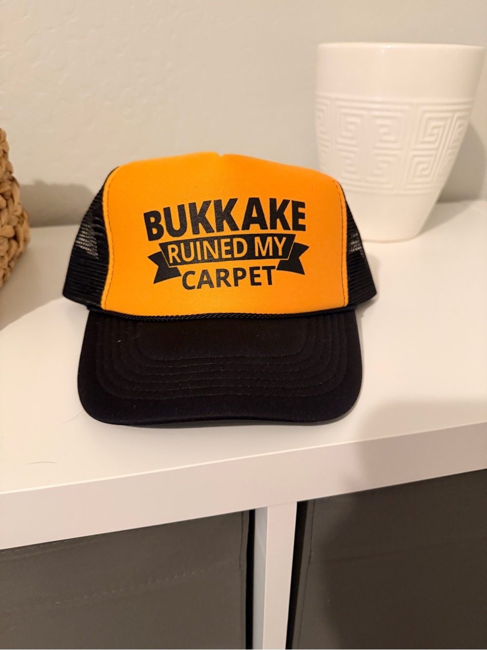 Novelty Orange and Black Trucker Hat - Bold Text Front